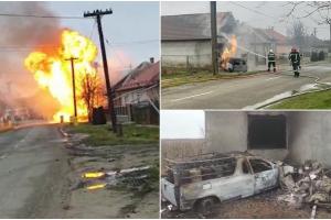 Incendiu de proporții în Satu Mare, după ce o camionetă cu butelii s-a înfipt într-o casă. În impact a spart o ţeavă de gaz