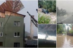 Vremea severă a dezlănțuit potopul în aproape toată țară: Mașini luate de apă, case inundate, acoperișuri rupte și șoșele transformate în râu