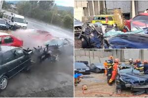 Un şofer de 21 de ani a făcut prăpăd la ieşirea din Petroşani: 5 maşini parcate, izbite puternic. Ce au găsit poliţiştii în BMW-ul lui