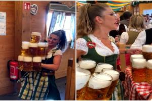 O chelneriţă a ajuns virală după un video în care ridică 13 halbe de bere deodată. Tânăra poate ţine în mâini peste 30 de kilograme
