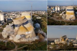 Momentul imploziei spectaculoase de la Combinatul Azomureş. Turn industrial de 50 de metri, detonat cu dinamită pentru a construi un parc fotovoltaic