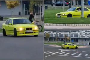 Șofer teribilist și inconștient, drifturi cu BMW-ul într-un sens giratoriu din Oradea. Tânărul a fost amendat și lăsat fără permis