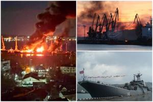 Ucraina a distrus nava rusească de asalt amfibiu Novocerkassk. A lovit cu rachete un port din Crimeea. Momentul exploziei
