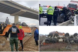 Accident cu 3 morți pe Centura Avrigului, în Sibiu. Un camion a căzut de pe un pod lângă calea ferată, după impactul cu o mașină