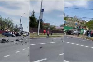 Prăpăd în Leţcani, după ce un şofer a intrat cu maşina pe contrasens. Bucăţi din caroserii au zburat zeci de metri pe şosea