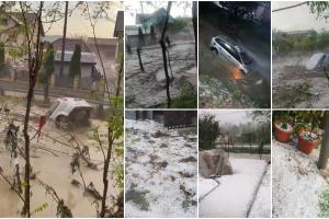"N-am văzut de când sunt așa ceva!" Potop cu grindină în Prahova. Mașini înghițite de ape și strat de gheață chiar și de 10 cm, la Vâlcănești