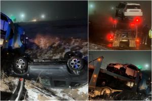 Şase maşini distruse, după ce o platformă auto a ajuns într-un şanţ, în Argeş. Şoferul nu a mai văzut şoseaua din cauza ceţii