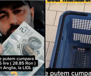 Un român prezintă ce poţi cumpăra cu 5 lire dintr-un Lidl din Anglia: La noi cu 28 lei închiriezi coșul pentru cumpărături