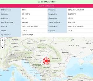 Cutremur azi în România. Seismul s-a produs în Timiş, la mică adâncime, şi a avut magnitudinea de 3 pe Richter