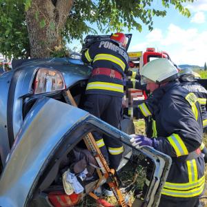 Accident înfiorător în Mureş. O maşină a rămas încolăcită într-un copac, un pasager a murit. Alte 3 persoane, rănite uşor