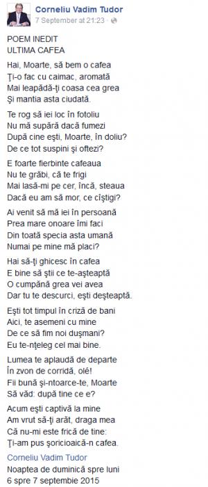 ULTIMA postare de pe Facebook a lui Vadim Tudor: "Hai, Moarte, să bem o cafea"