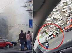 Scene de groază în trafic! Un microbuz de călători a luat foc în Bucureşti - VIDEO
