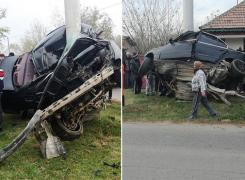 Accident TERIFIANT în judeţul Ilfov! Un BMW s-a încolăcit în jurul unui stâlp de beton - IMAGINI DRAMATICE