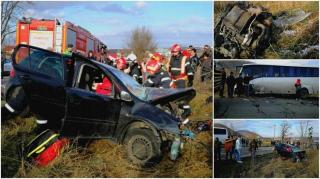 Plan roşu de intervenţie în Bacău, sunt cel puţin 13 victime! Motorul maşinii a zburat zeci de metri, după impactul cu un autocar (Imagini dramatice)