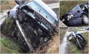 Nenorocire lângă Dej. O întreagă familie, mama, tatăl şi fetiţa de 7 anişori, s-a răsturnat cu un Audi la Mănăşturel. Maşina s-a făcut praf (Video)