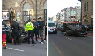 Accident spectaculos la Vâlcea. Un şofer de 18 ani s-a răsturnat cu maşina în mijlocul bulevardului, pentru că se grăbea la şcoală