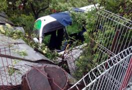 Accident spectaculos între Vâlcea şi Călimăneşti! Un microbuz s-a izbit de un tir apoi a căzut de pe şosea, peste o casă