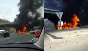 O automacara ARDE CA O TORŢĂ pe şoseaua de centură a Capitalei. Circulaţia e blocată total în zonă VIDEO