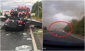 AVEM IMAGINILE cu momentul dramatic în care poarta de la intrarea în Timişoara îl STRIVEŞTE pe Vlad! IMPACTUL MORTAL din timpul furtunii, surprins de un şofer (VIDEO)