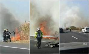 Interveţia pompierilor la incendiul izbucnit pe autostrada Bucureşti - Piteşti