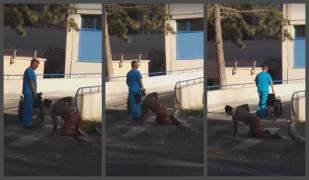 Imagini șocante în fața Spitalului de Urgență Călărași! Un bărbat se târăște în genunchi din spital, după ce a fost externat