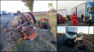 Un şofer de TIR turc a făcut prăpăd pe DN2, în Vrancea. A dezmembrat un tractor şi o autoutilitară, sunt mai multe victime