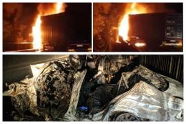 Imagini de groază surprinse la câteva secunde după impactul dintre un BMW şi un TIR, în Bihor. Trei tineri au ars în maşină