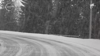 Drum înzăpezit într-o pădure din Harghita