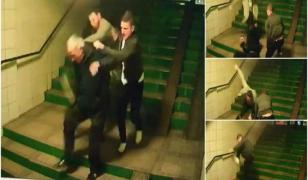 Pe imagini apare un bătrân care fuge de doi tineri, sperând să se adăpostească în pasaj