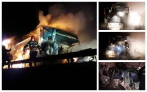 Accident mortal în Satu Mare, între un TIR și o mașină care a intrat pe contrasens. Ambele vehicule au luat foc (Video)