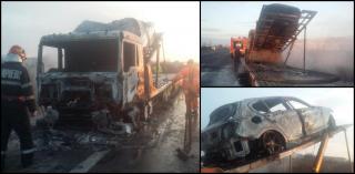 BMW făcut scrum pe autostrada A1 Bucureşti - Piteşti. Un trailer care transporta maşini de lux a luat foc în mers