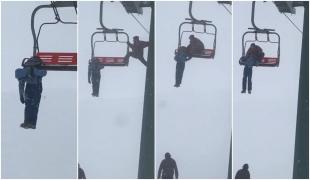 Imagini dramatice. O turistă atârnă de bretelele rucsacului, agăţată de un telescaun din staţiunea Şureanu (Video)