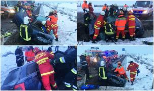 Accident groaznic la Suceava. Un tânăr de 22 ani în stare gravă, după ce a lovit cu maşina un cap de pod (Video)