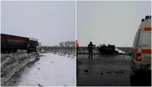 Carambol groaznic în Vrancea. Un şofer a murit strivit între două TIR-uri. Trafic blocat la Dumbrăveni