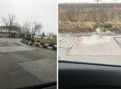 Gropile de pe șoselele din Giurgiu, astupate cu... pavele. Noua modă în materie de asfaltare în România (Foto)
