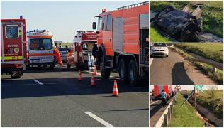 Un tânăr de 17 ani, rănit în teribilul accident de pe autostrada Deva - Nădlac, a murit la spital. Șoferul gonea cu 200 km/h și s-a izbit de un parapet, răsturnându-se (Foto)