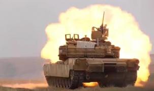 Tanc Abrams în poziţie de tragere