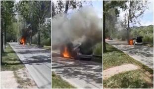 Imagini şocante pe Valea Doftanei! Un şofer era să ardă de viu, după ce maşina i-a luat foc în mers. Omul abia o scosese din service
