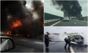 BMW făcut scrum între Timişoara şi Lugoj, după ce a luat foc din senin pe A1. Şoferul şi pasagerii s-au salvat în ultima clipă (Video)