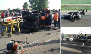 Cargangiu pe A1. Şoferul unui Mercedes are ambele picioare retezate, pasagerul rănit, motociclistul ambele mâini fracturate (Video)