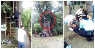 Momentul şocant în care băieţelul de 10 ani se prăbuşeşte de la 8 metri înălţime, după ce se rupe tiroliana