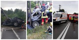 Imagini dramatice pe Valea Oltului! Un șofer de 20 de ani s-a izbit cu BMW-ul de un stâlp și și-a ucis un prieten. Victima avea 25 de ani. Două persoane au ajuns la spital