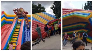 Imagini şocante! Mai mulţi copii au "zburat" cu tot cu toboganele gonflabile, într-un parc din Caracal