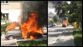 O maşină a luat foc din senin pe o stradă din Baia Mare. Şoferul s-a salvat în ultima clipă (Video)