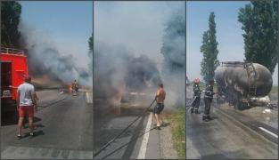 Un camion încărcat cu ciment a luat foc pe DN1. Rezervorul autovehiculului a explodat pe șosea. Imagini dramatice