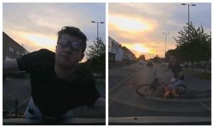 Video viral! Un biciclist se aruncă în fața unei mașini în încercarea disperată de a face rost de bani
