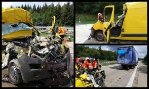 Primele imagini de la teribilul accident din Germania în care a murit un şofer român de 28 de ani. Camioneta condusă de el s-a făcut zob