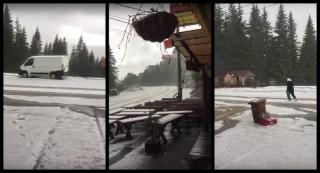 Grindina a făcut prăpăd la Rânca! O furtună de câteva minute a acoperit stațiunea cu un strat gros de gheață