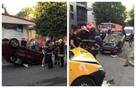 Impact violent la Constanța! O mașină s-a răsturnat pe carosabil, o victimă rămânând încarcerată (Foto)