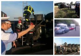 Cozi uriașe pe DN 2, la Sineşti, după ce o cisternă încărcată cu bitum s-a răsturnat